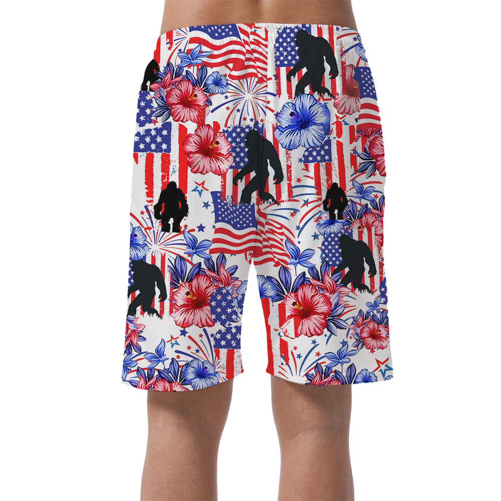 American Flag 4th Of July Hibiscus Bigfoot Hawaiian Beach Shorts For Men