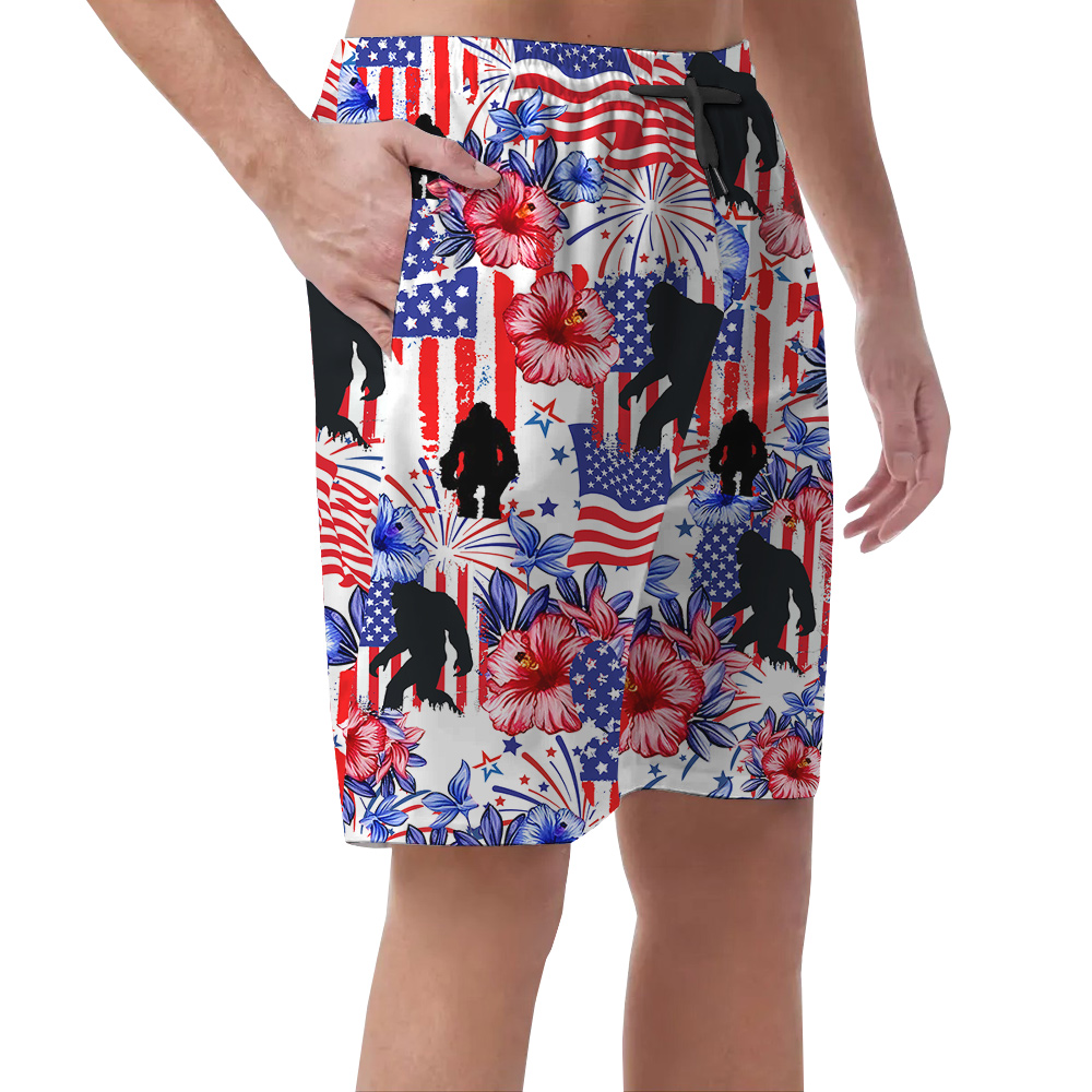 American Flag 4th Of July Hibiscus Bigfoot Hawaiian Beach Shorts For Men