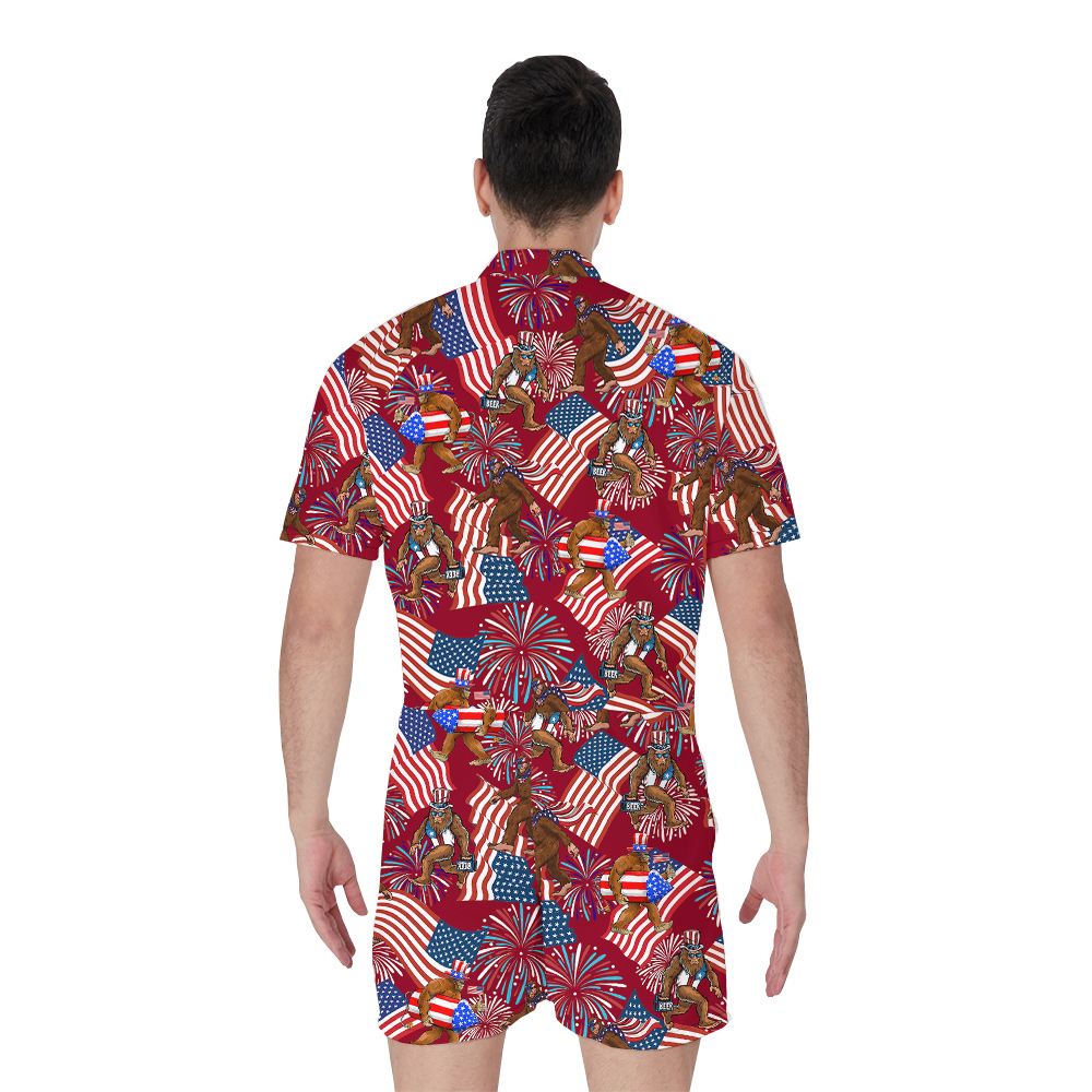 Patriotic Bigfoot With American Flag Men's Hawaiian Romper