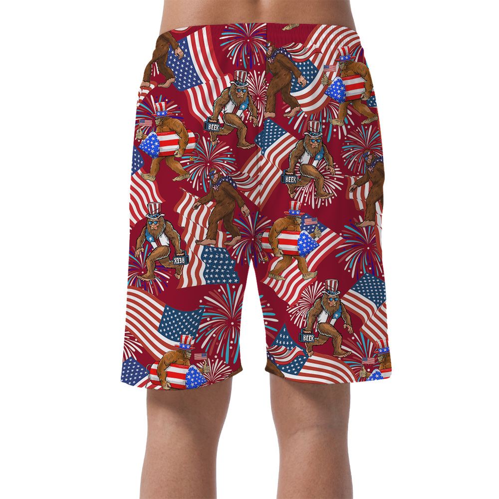 Funny Bigfoot With American Flag 4th Of July Hawaiian Beach Shorts For Men