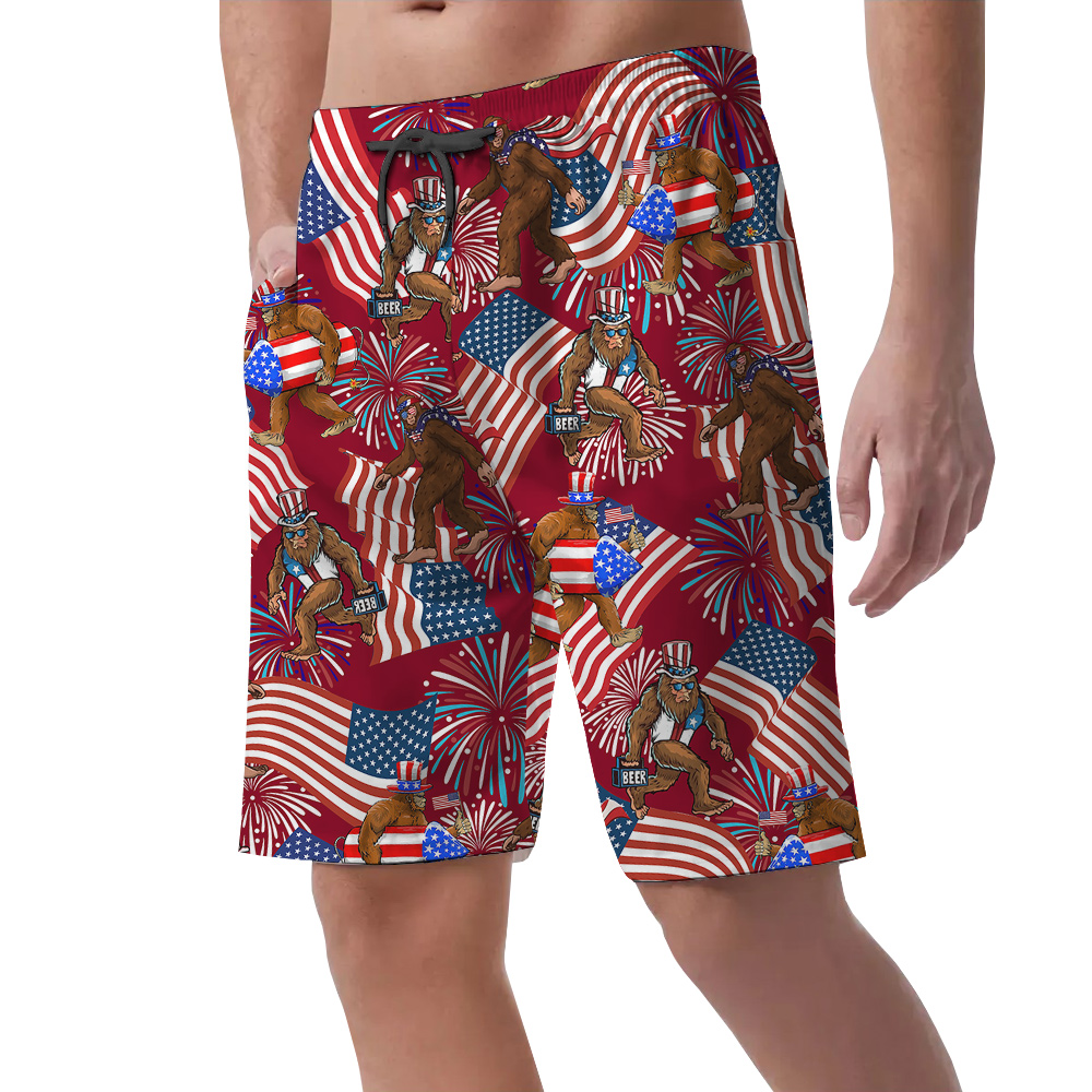 Funny Bigfoot With American Flag 4th Of July Hawaiian Beach Shorts For Men