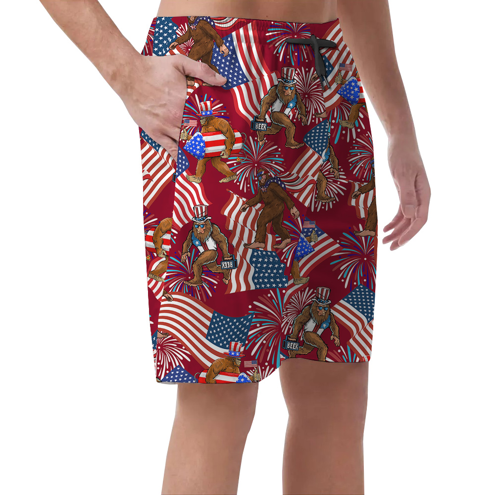 Funny Bigfoot With American Flag 4th Of July Hawaiian Beach Shorts For Men