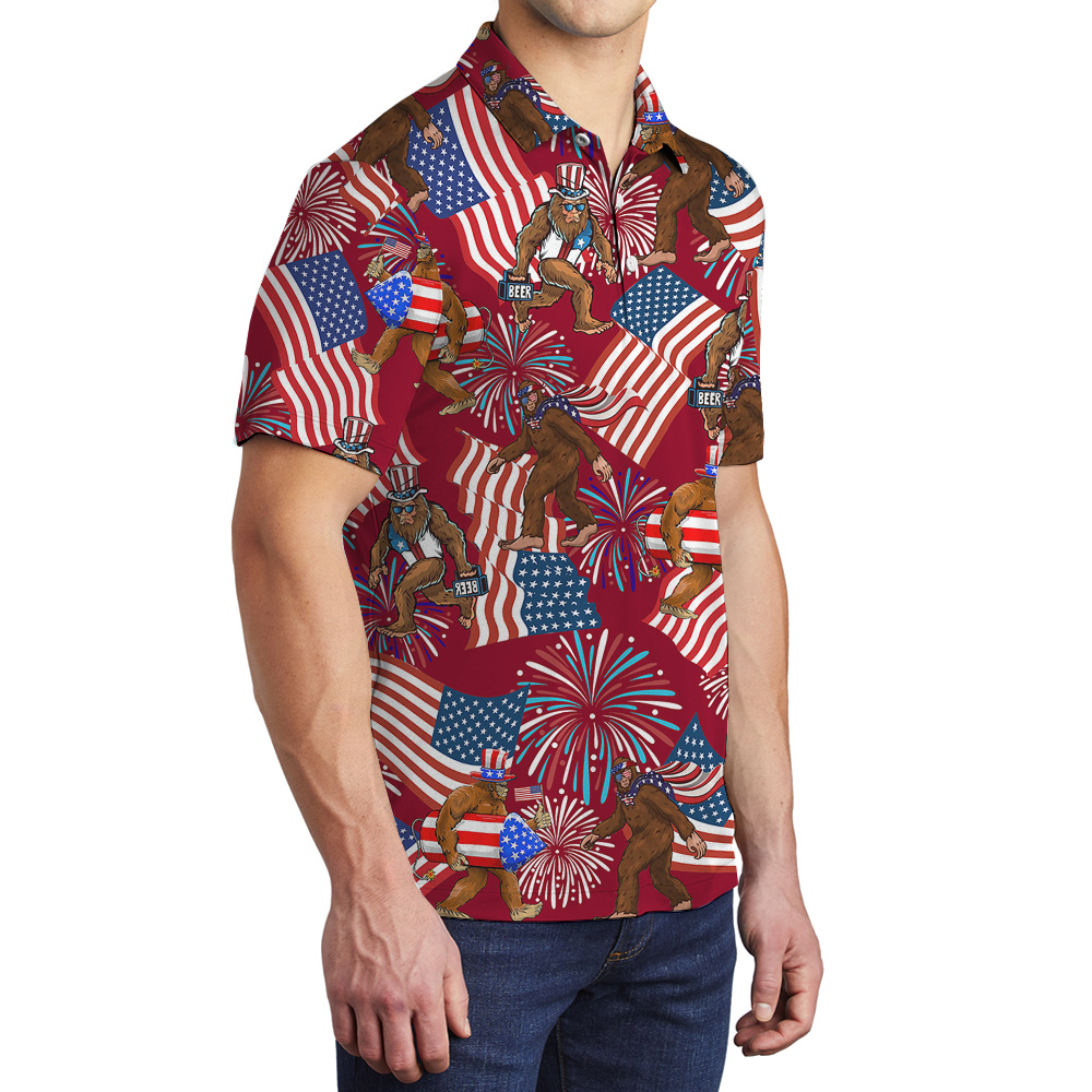 4th Of July Bigfoot American Flag Red Hawaiian Polo Shirt