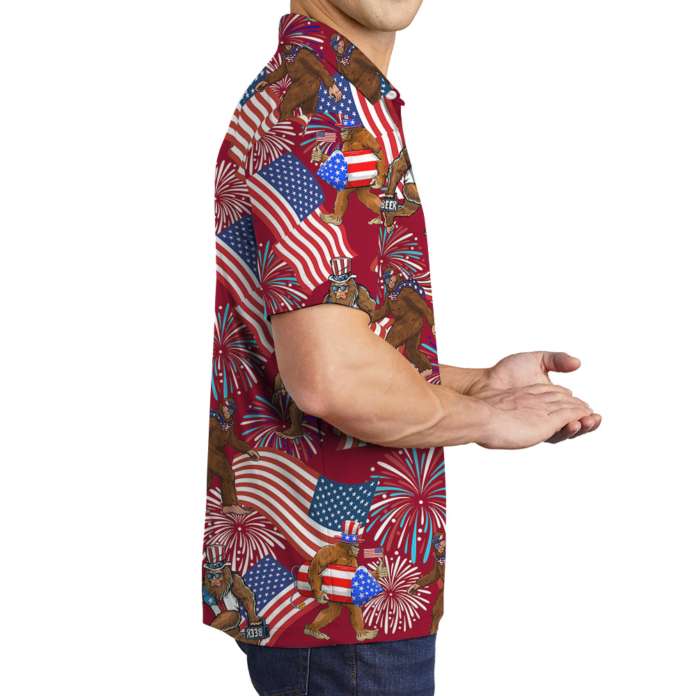 4th Of July Bigfoot American Flag Red Hawaiian Polo Shirt