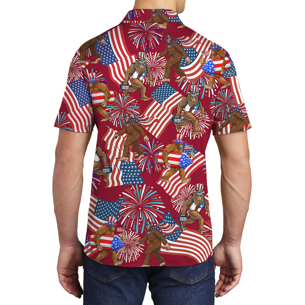 4th Of July Bigfoot American Flag Red Hawaiian Polo Shirt