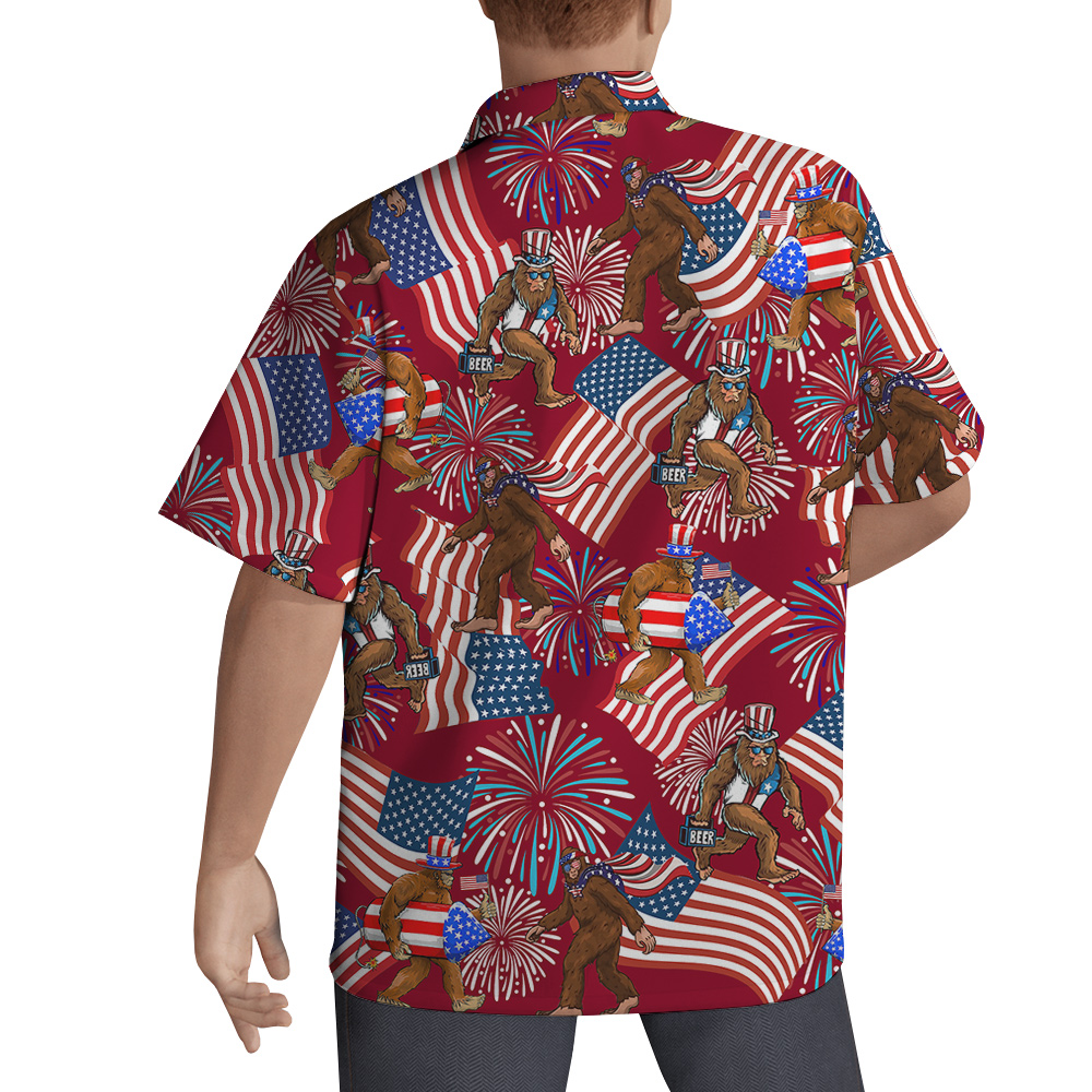 Firework American Flag Bigfoot 4th Of July Red Hawaiian Shirt