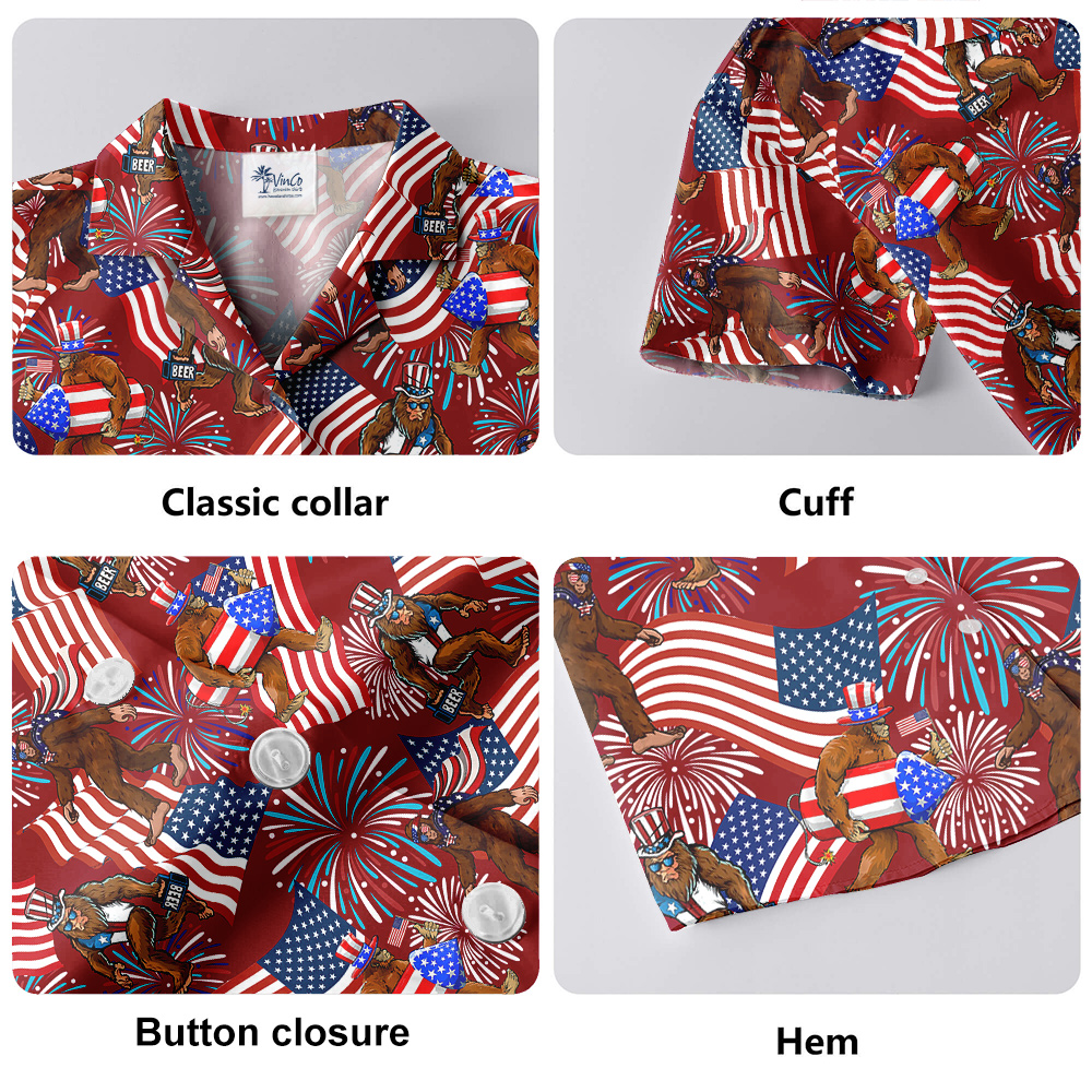 Firework American Flag Bigfoot 4th Of July Red Hawaiian Shirt