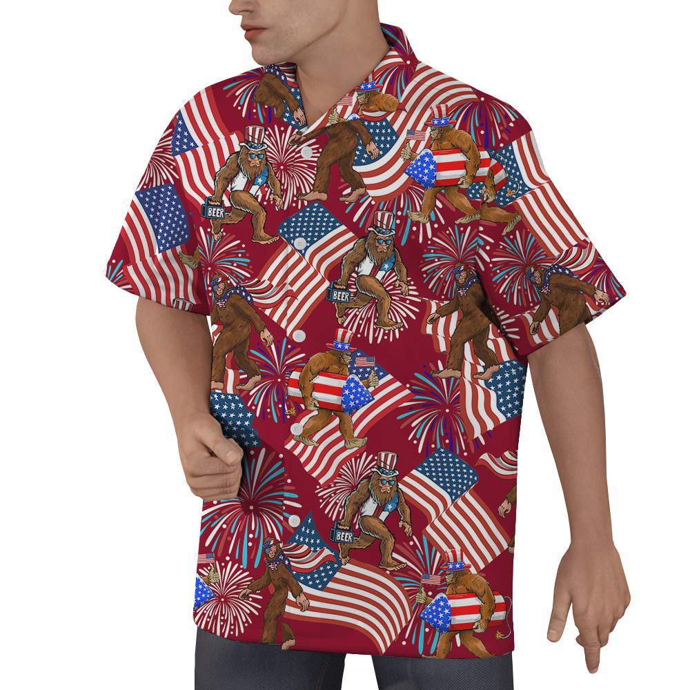 Firework American Flag Bigfoot 4th Of July Red Hawaiian Shirt