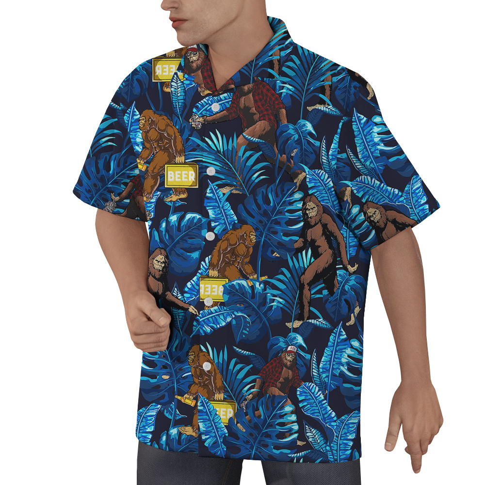 Funny Bigfoot And Beer Tropical Blue Hawaiian Shirt