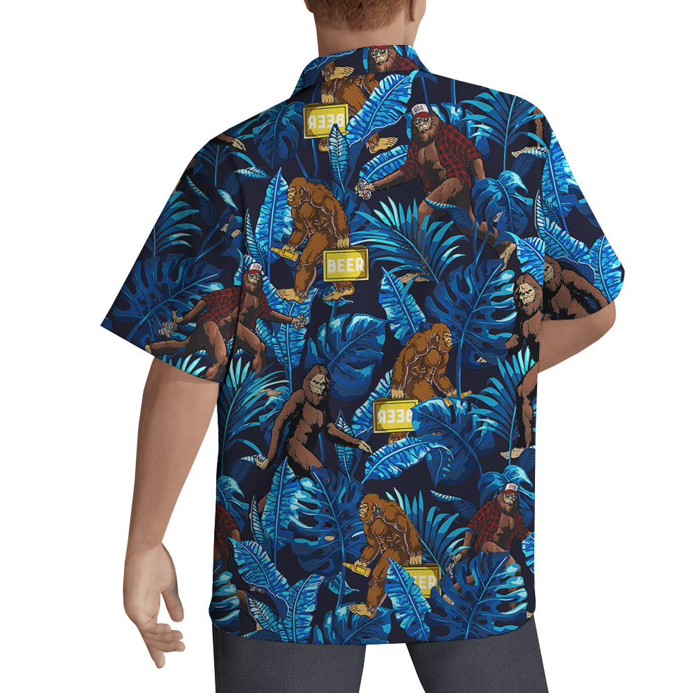 Funny Bigfoot And Beer Tropical Blue Hawaiian Shirt