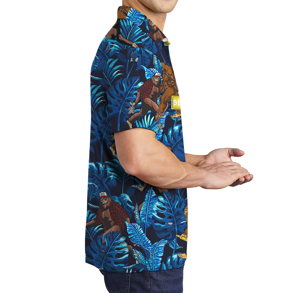 Funny Bigfoot Beer Tropical Blue Hawaiian Polo Golf Shirt