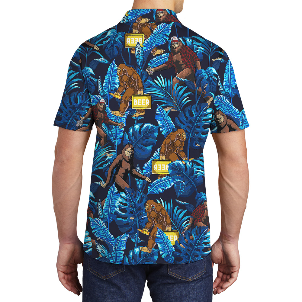 Funny Bigfoot Beer Tropical Blue Hawaiian Polo Golf Shirt