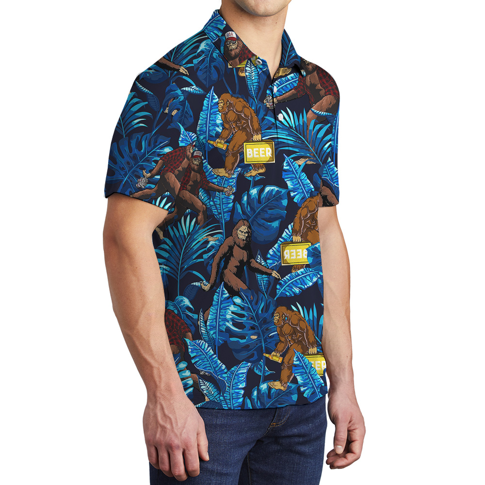 Funny Bigfoot Beer Tropical Blue Hawaiian Polo Golf Shirt