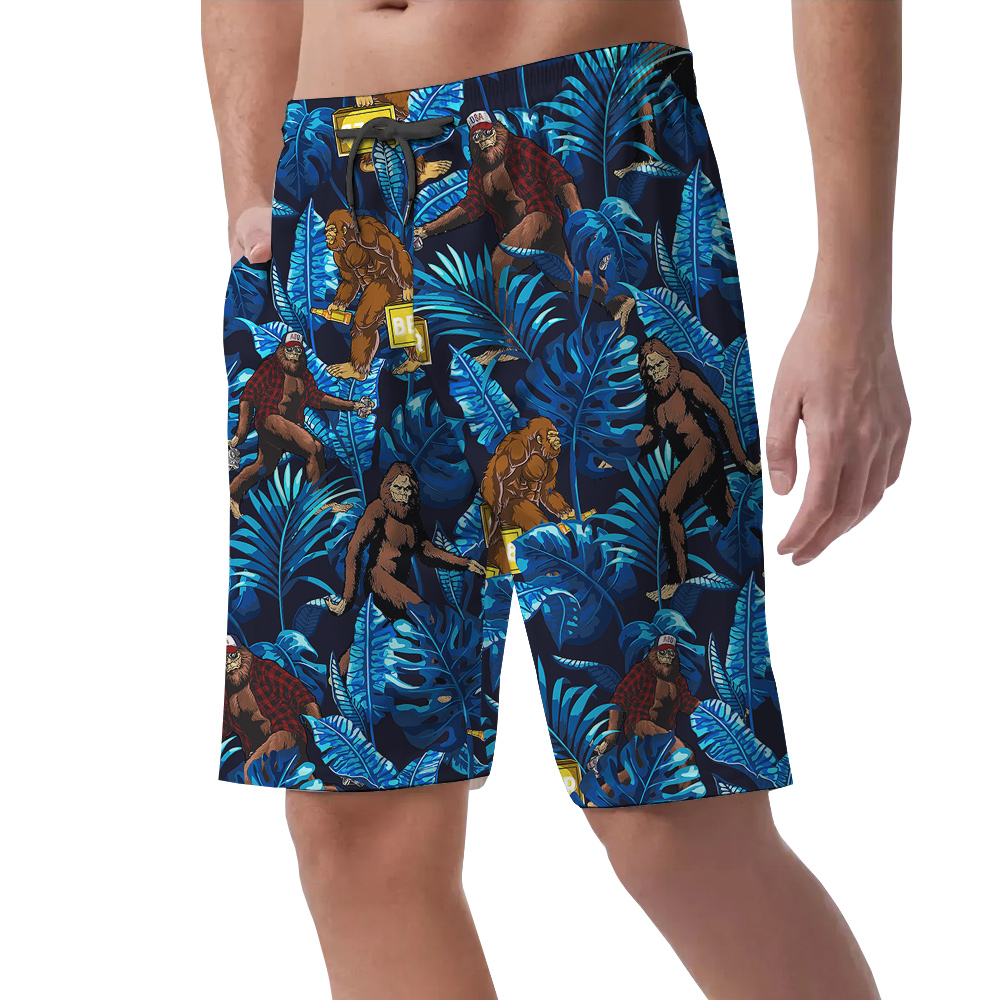 Blue Tropical Leaves Sasquatch Beer Hawaiian Beach Shorts For Men