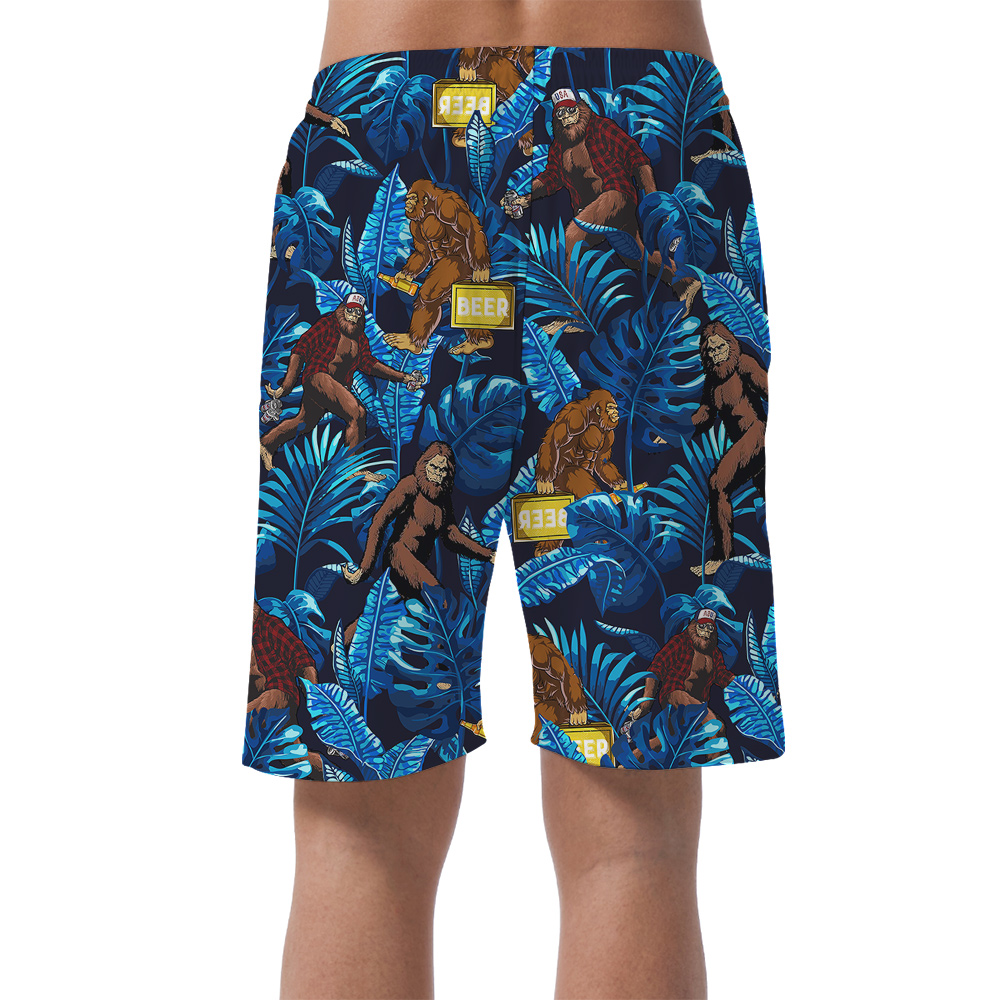 Blue Tropical Leaves Sasquatch Beer Hawaiian Beach Shorts For Men