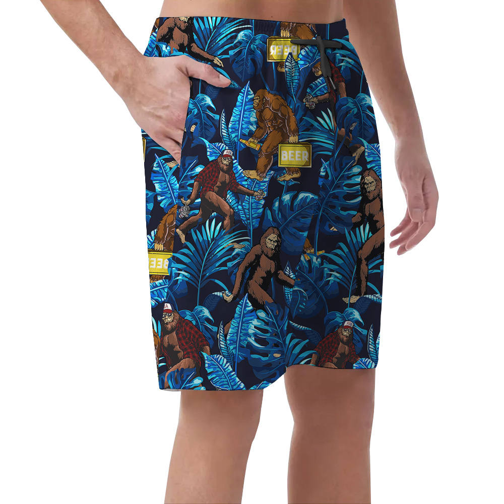 Blue Tropical Leaves Sasquatch Beer Hawaiian Beach Shorts For Men