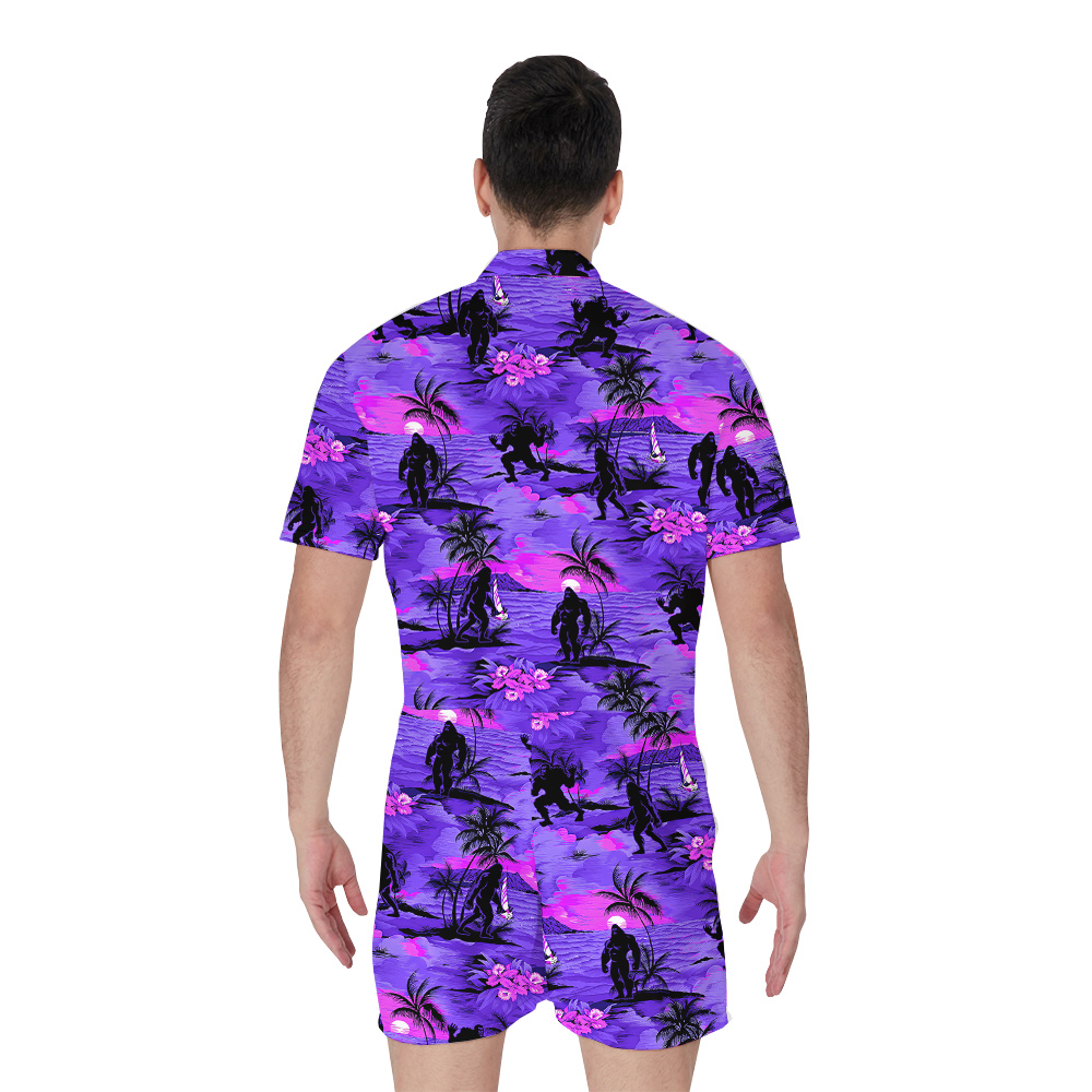 Purple Bigfoot On Beach Tropical Palm Trees Men's Hawaiian Romper