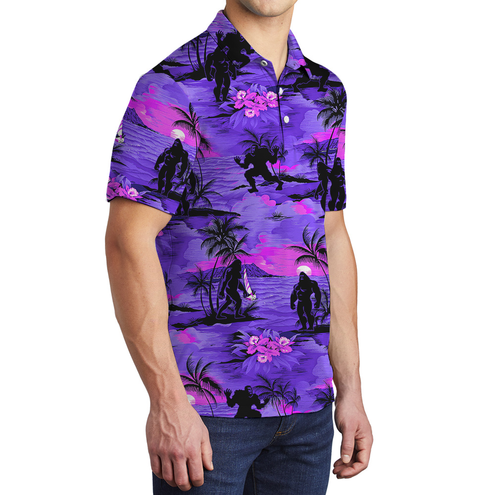 Purple Tropical Sunset Beach Palm Trees Sasquatch Hawaiian Polo Golf Shirt