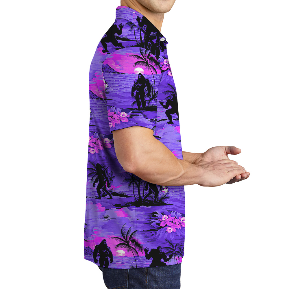 Purple Tropical Sunset Beach Palm Trees Sasquatch Hawaiian Polo Golf Shirt