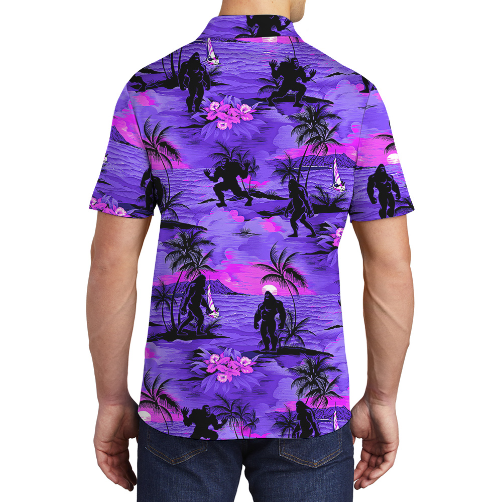 Purple Tropical Sunset Beach Palm Trees Sasquatch Hawaiian Polo Golf Shirt