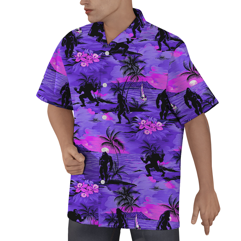 Cool Bigfoot Tropical Sunset Beach Theme Purple Hawaiian Shirt