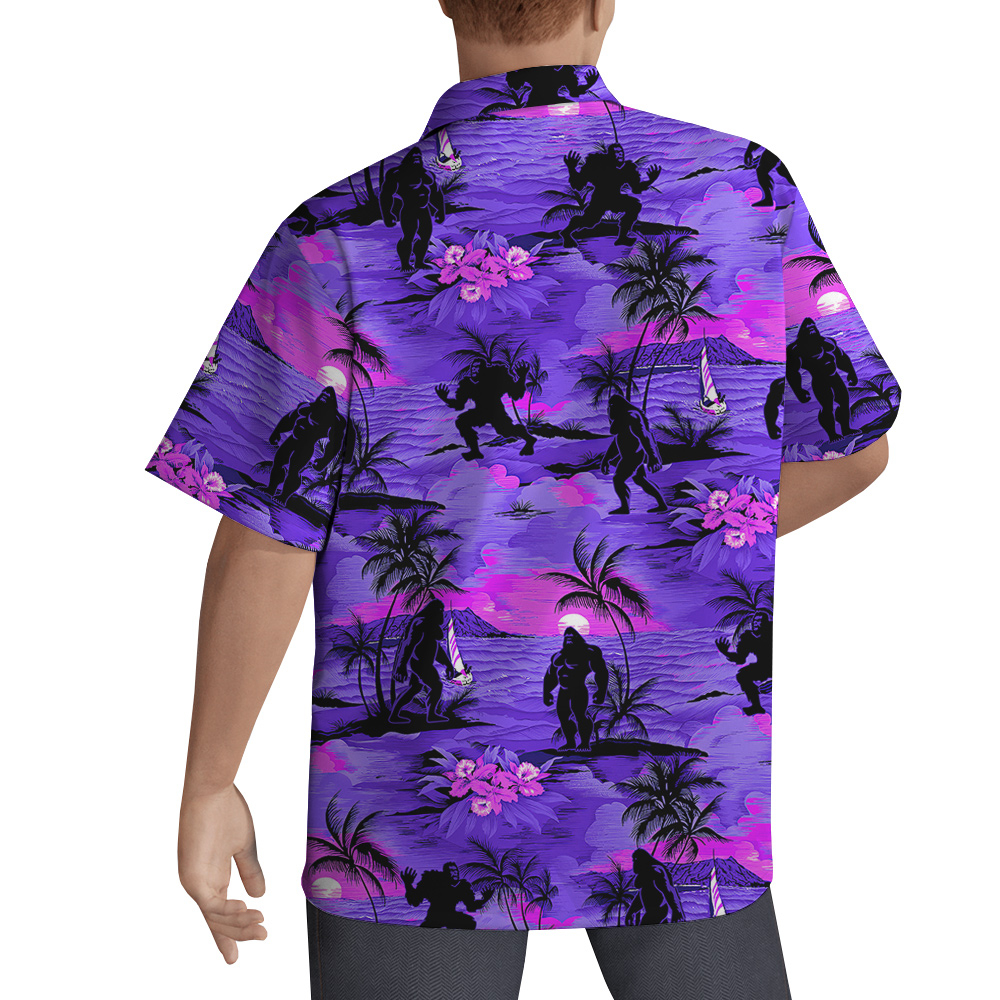 Cool Bigfoot Tropical Sunset Beach Theme Purple Hawaiian Shirt