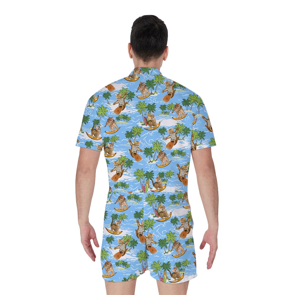 Hawaiian Men's Romper With Meow Pattern