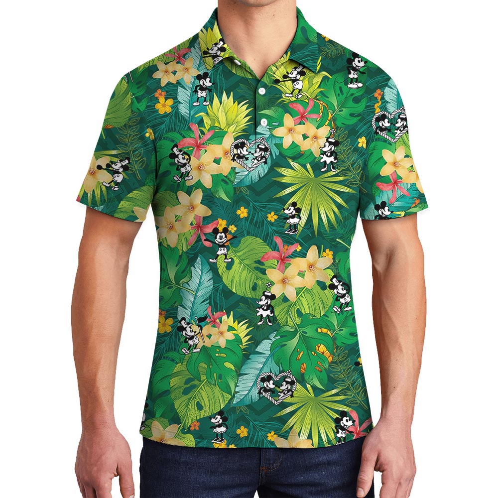 Green Steamboat Willie Mickey Minnie Mouse Tropical Polo For Men - variant image 1
