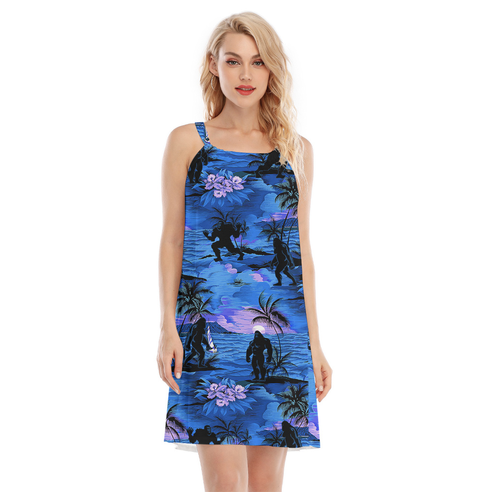 Tropical Sunset Beach Navy Palm Tree Sasquatch Aloha Dress For Women - variant image 1
