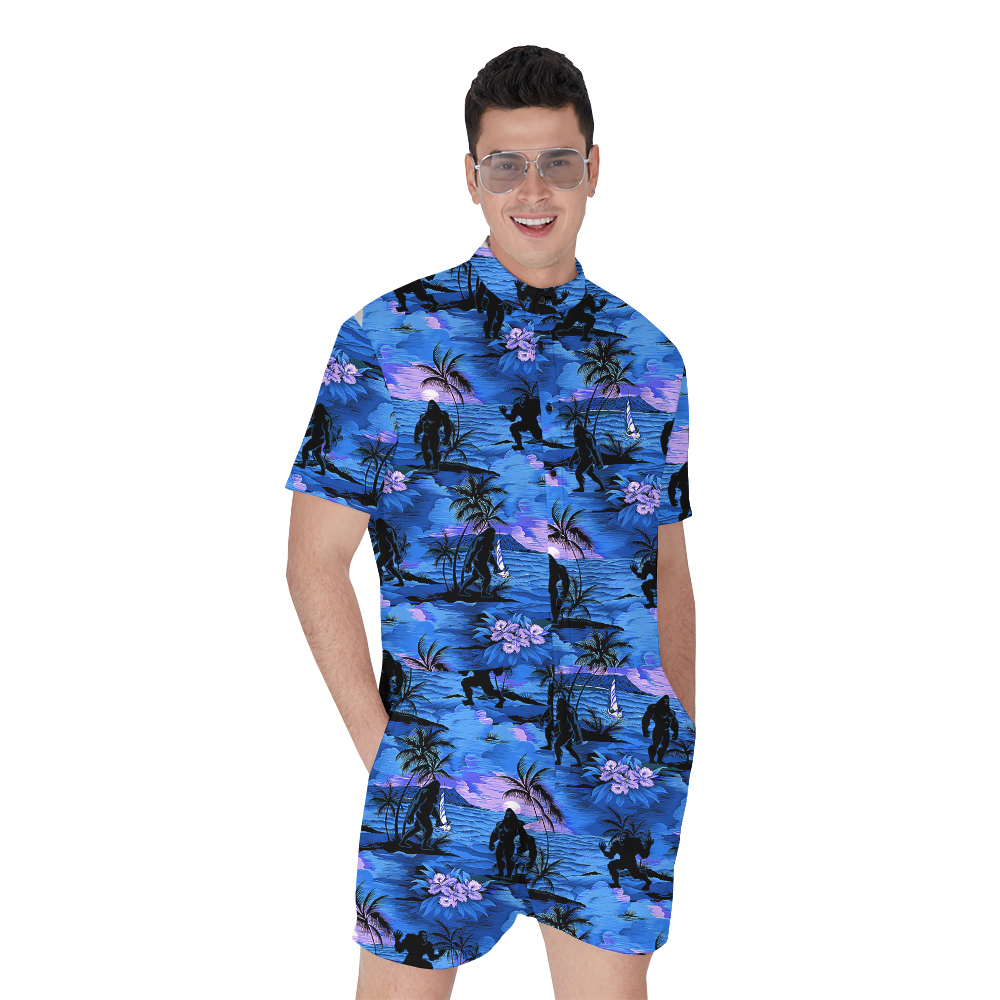 Tropical Sunset Beach Theme Bigfoot Navy Hawaiian Romper For Men - variant image 1