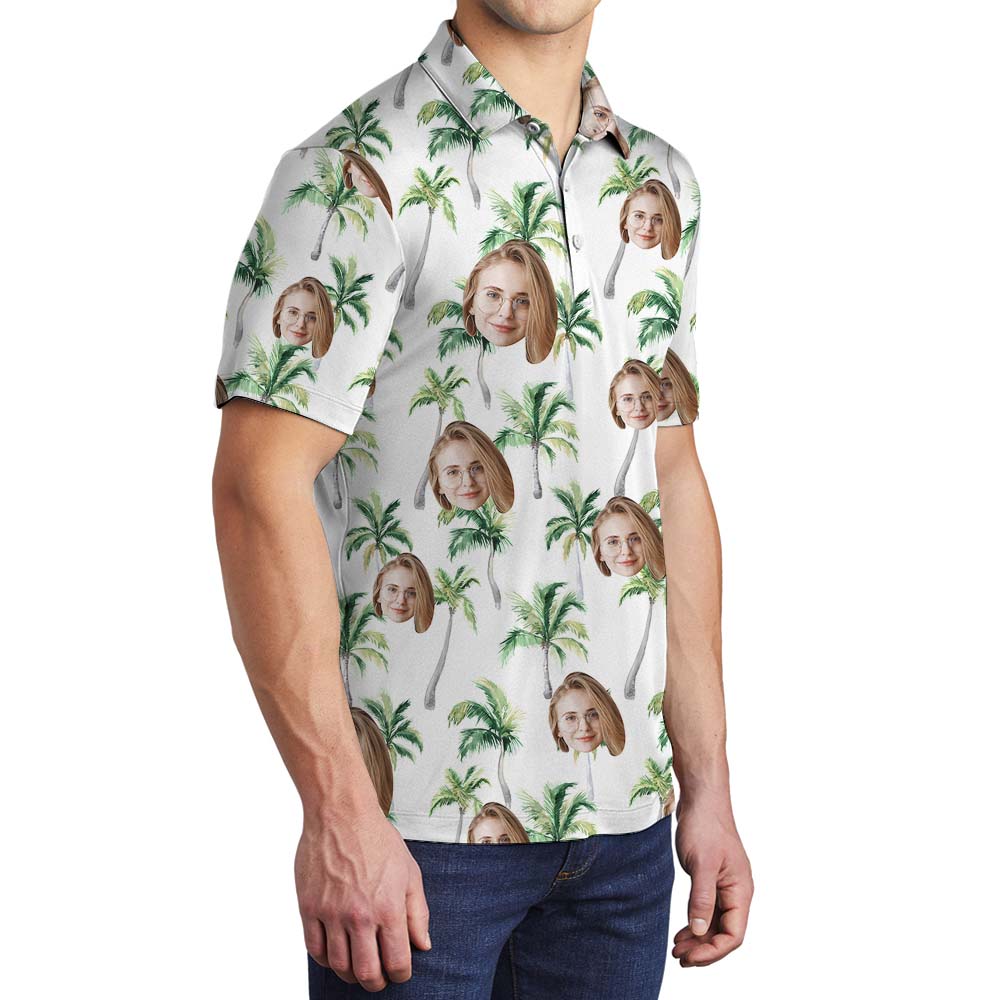 Tropical Custom 3 Faces White Palm Hawaiian Polo Shirts