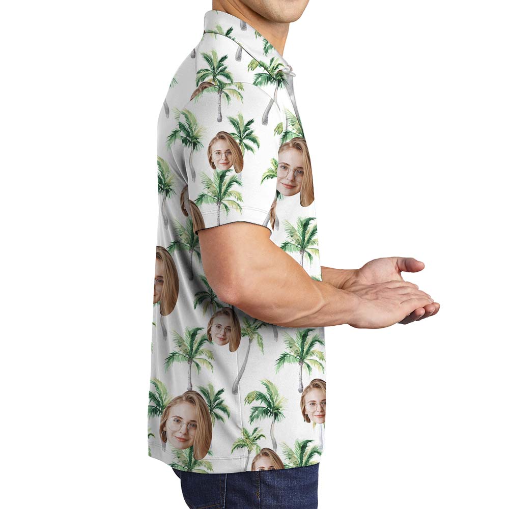 Tropical Custom 3 Faces White Palm Hawaiian Polo Shirts