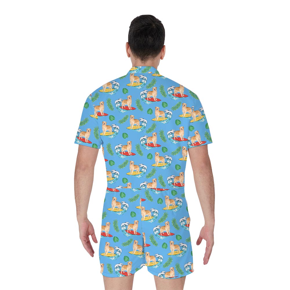 Summer Hawaiian Men's Romper With Dog Pattern