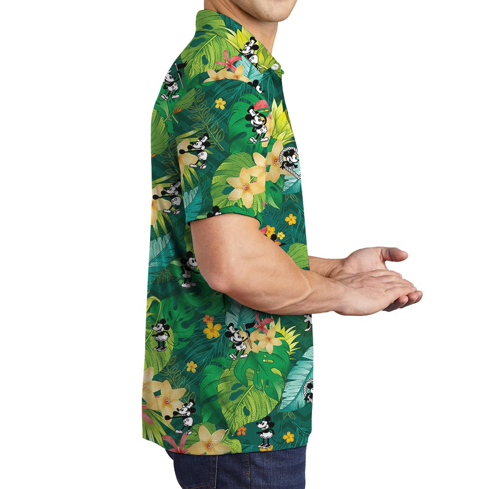 Green Steamboat Willie Mickey Minnie Mouse Tropical Polo For Men