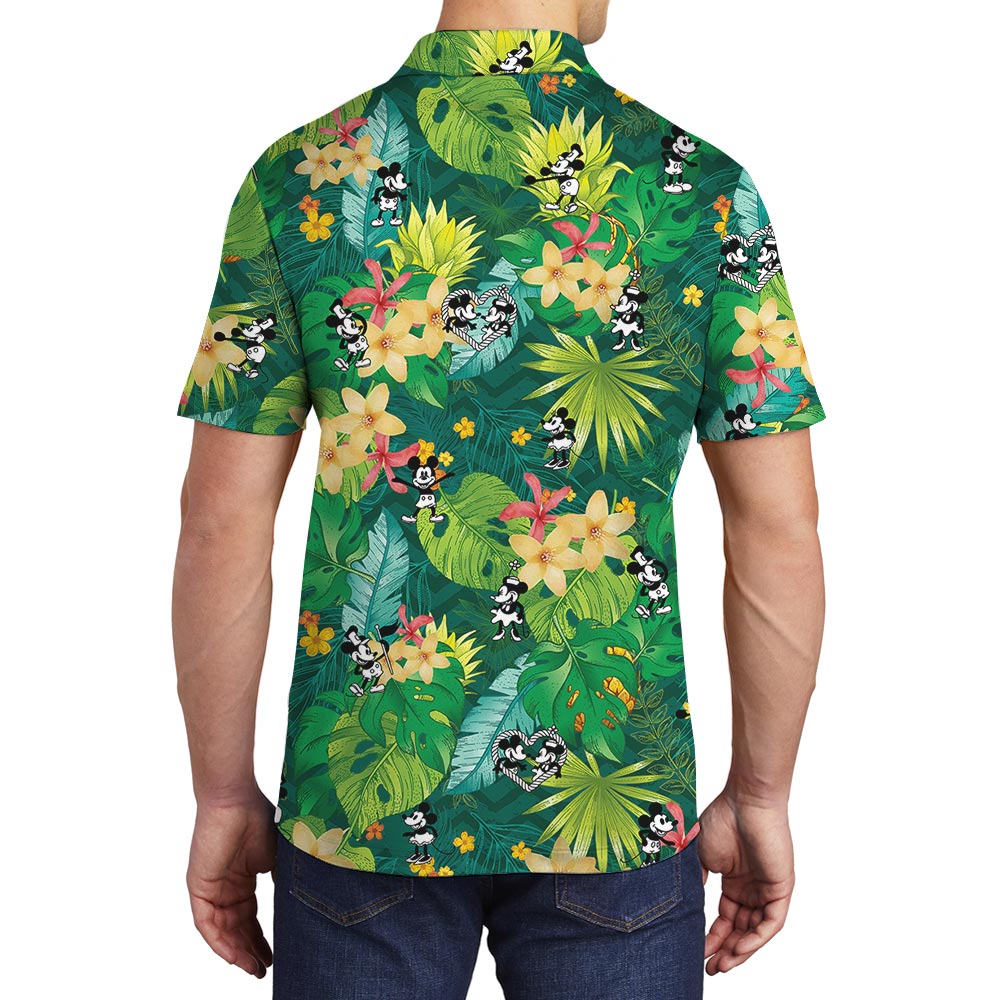 Green Steamboat Willie Mickey Minnie Mouse Tropical Polo For Men
