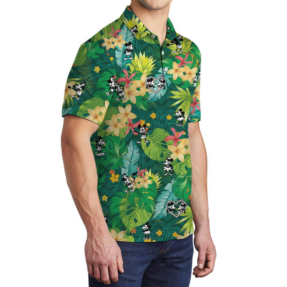 Green Steamboat Willie Mickey Minnie Mouse Tropical Polo For Men