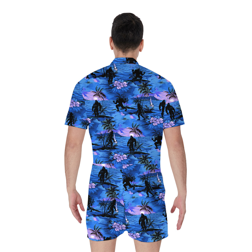 Tropical Sunset Beach Theme Bigfoot Navy Hawaiian Romper For Men