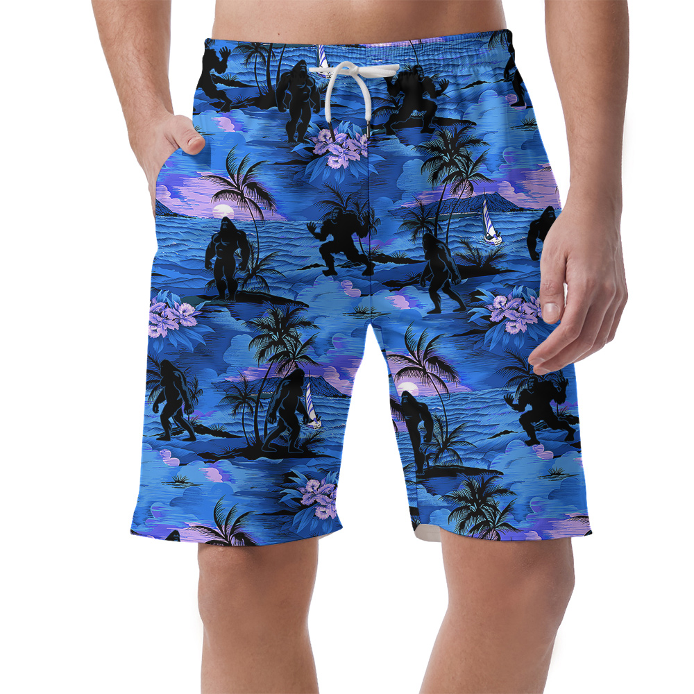 Tropical Islands Palm Trees Sunset Beach Bigfoot Navy Hawaiian Beach Shorts For Men - variant image 1