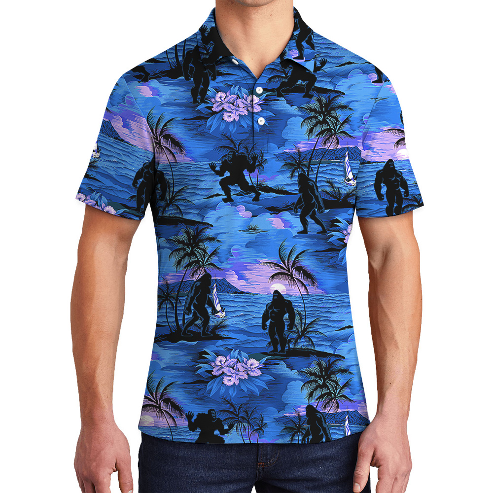 Tropical Sunset Beach Palm Trees Navy Bigfoot Hawaiian Polo Shirt - variant image 1