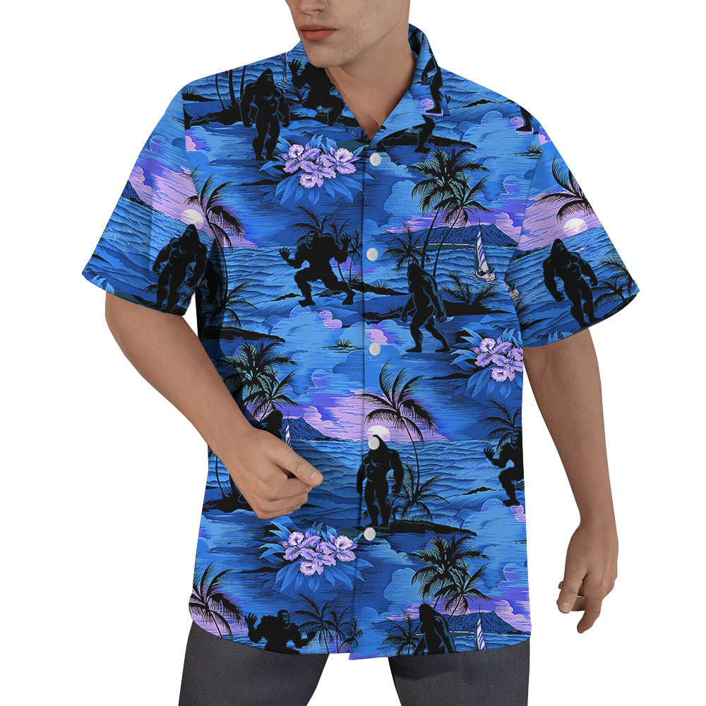 Navy Tropical Islands Palm Trees Bigfoot Hawaiian Shirt - variant image 1