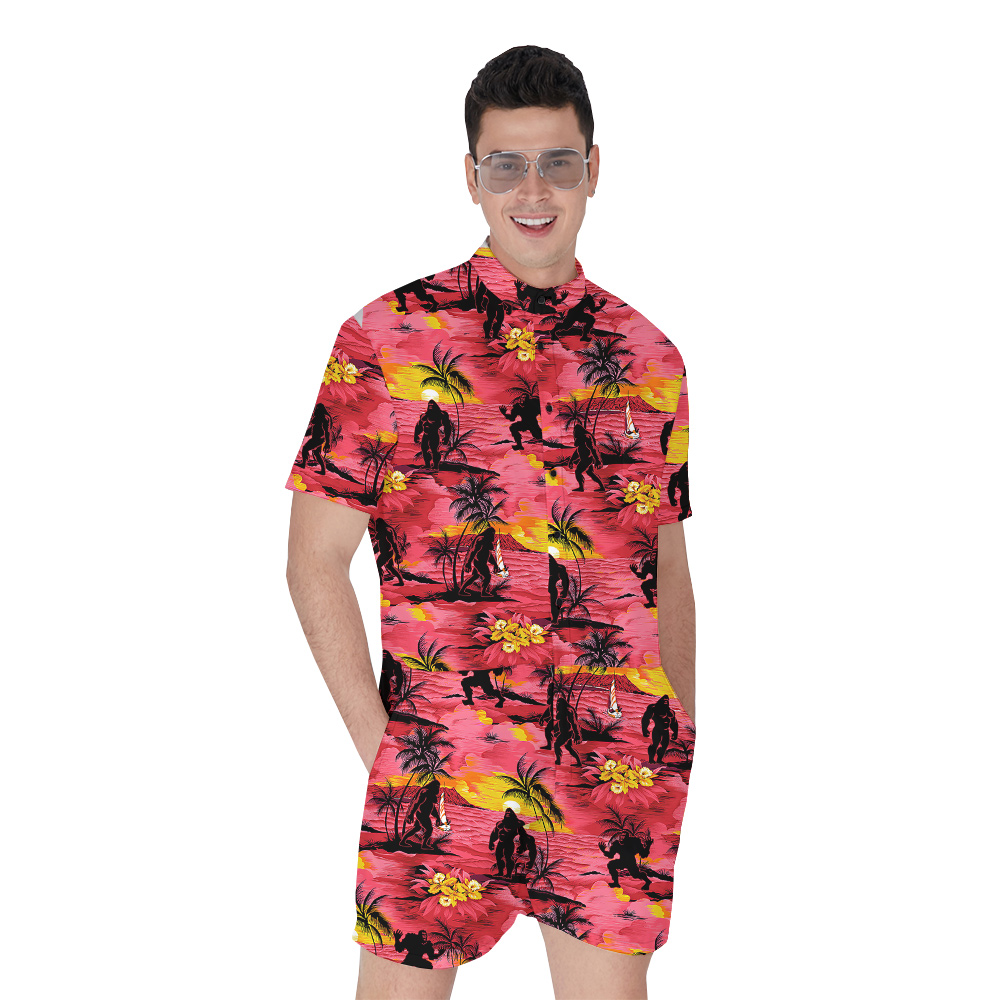 Cool Tropical Sunset Beach Theme Bigfoot Red Men's Hawaiian Romper - variant image 1