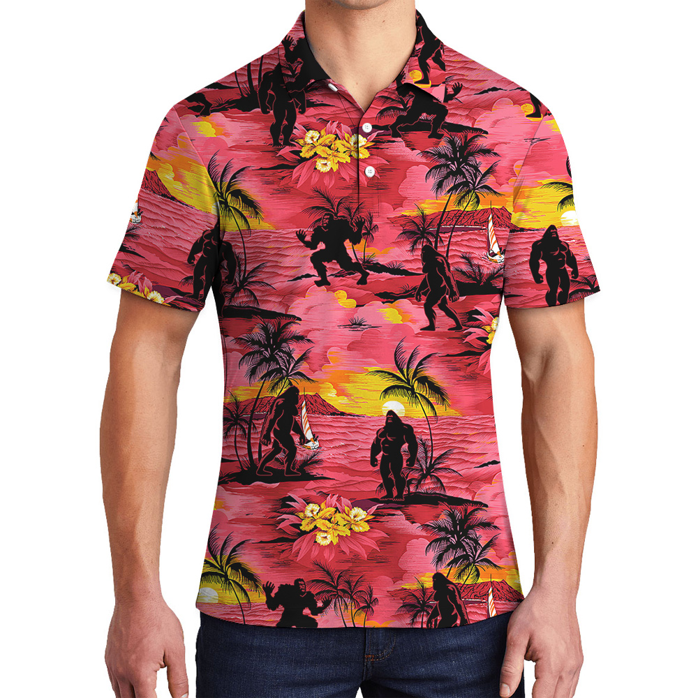Classic Sasquatch Tropical Islands Red Hawaiian Polo Golf Shirt - variant image 1