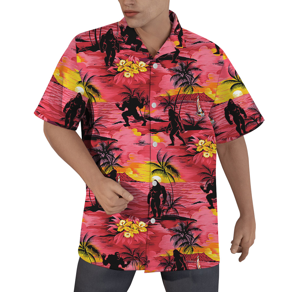 Cool Bigfoot Tropical Sunset Beach Palm Trees Red Hawaiian Shirt - variant image 1