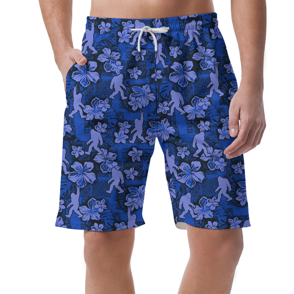 Vintage Hibiscus Sasquatch Navy Hawaiian Beach Shorts For Men - variant image 1