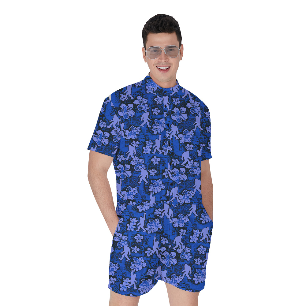Classic Hibiscus Sasquatch Navy Men's Hawaiian Romper - variant image 1
