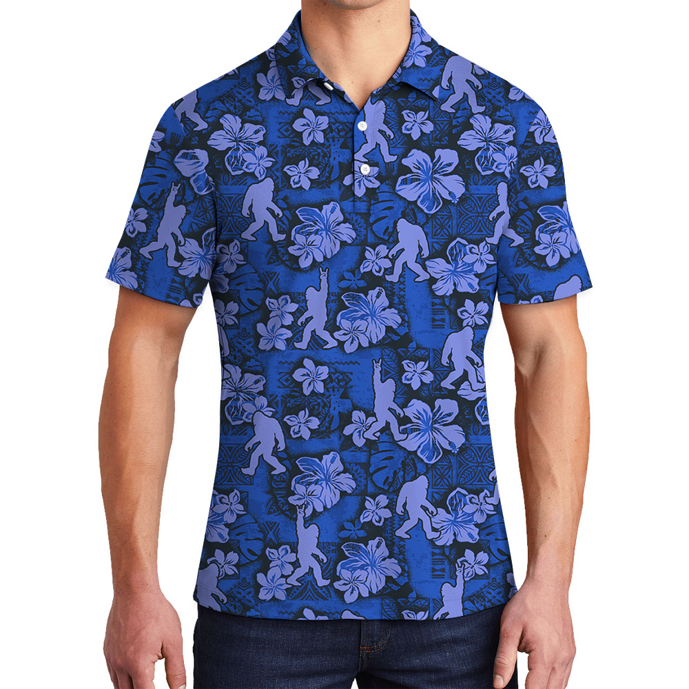 Navy Hibiscus Bigfoot Vintage Hawaiian Polo Golf Shirt For Men - variant image 1