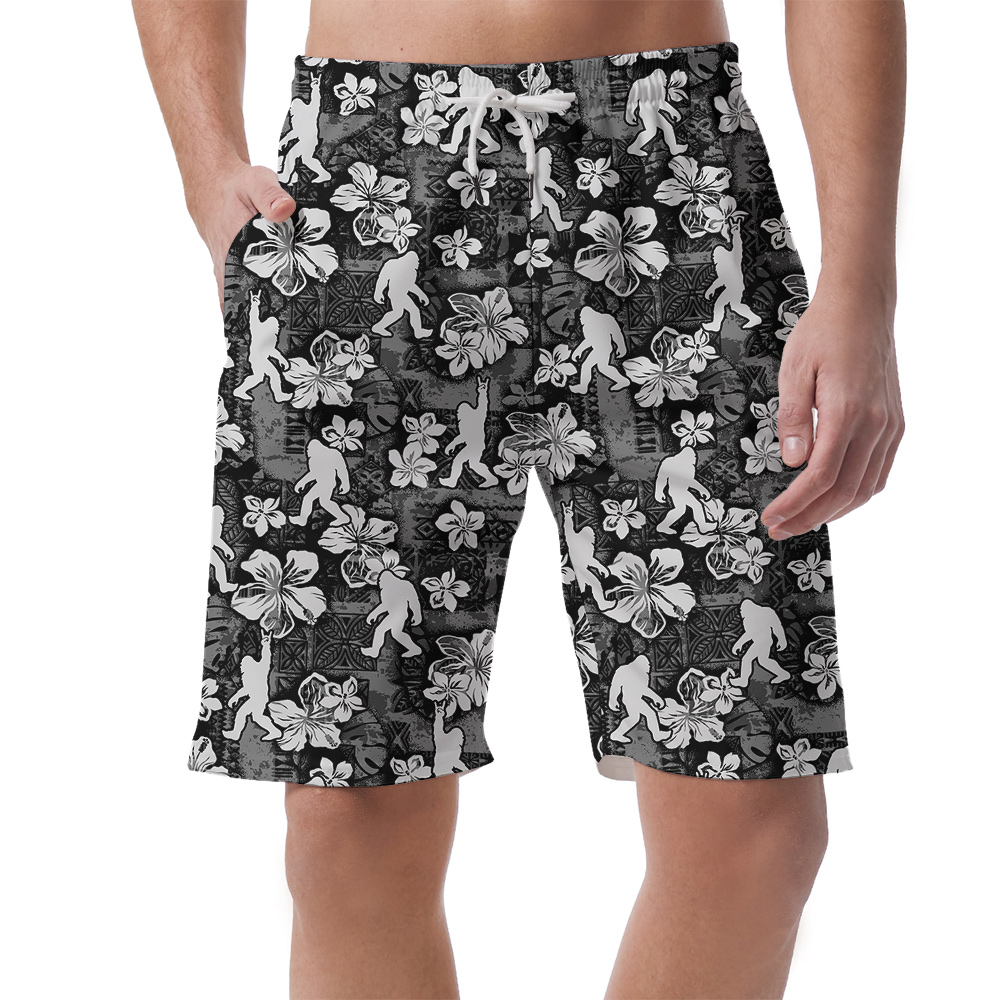 Cool Sasquatch Vintage Floral Black Hawaiian Beach Shorts For Men - variant image 1