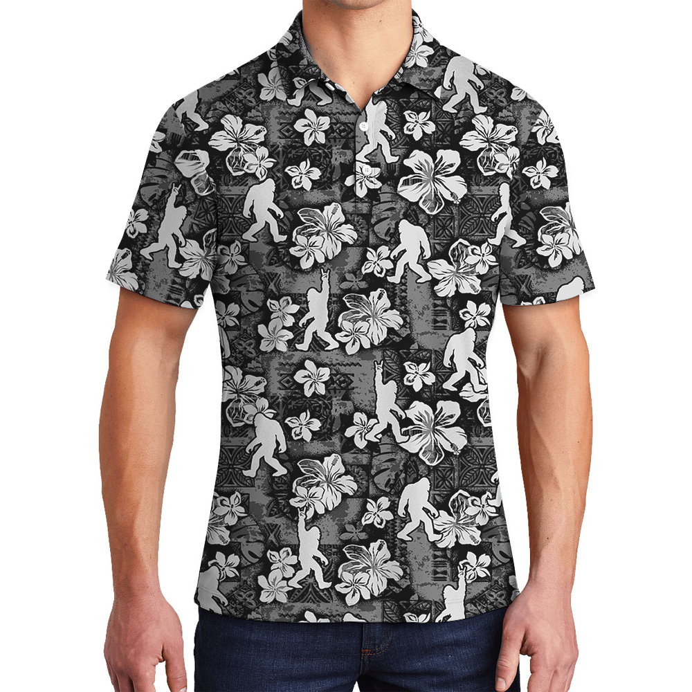 Classic Hibiscus Sasquatch Black Hawaiian Polo Golf Shirt - variant image 1