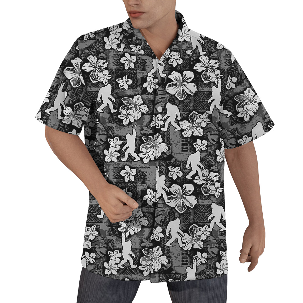 Funny Vintage Hibiscus Bigfoot Black Aloha Shirt With Short Sleeves - variant image 1
