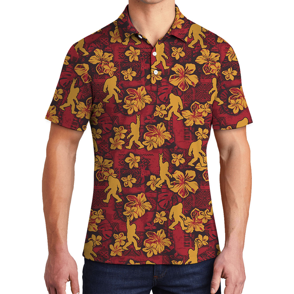 Cool Sasquatch Hibiscus Vintage Red Polo Golf Shirt For Men - variant image 1